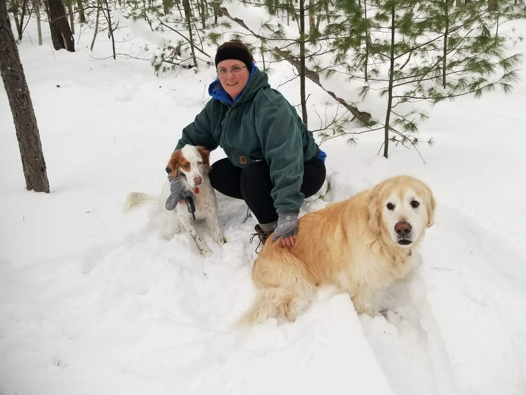 Woman kneels in snow with two dogs.